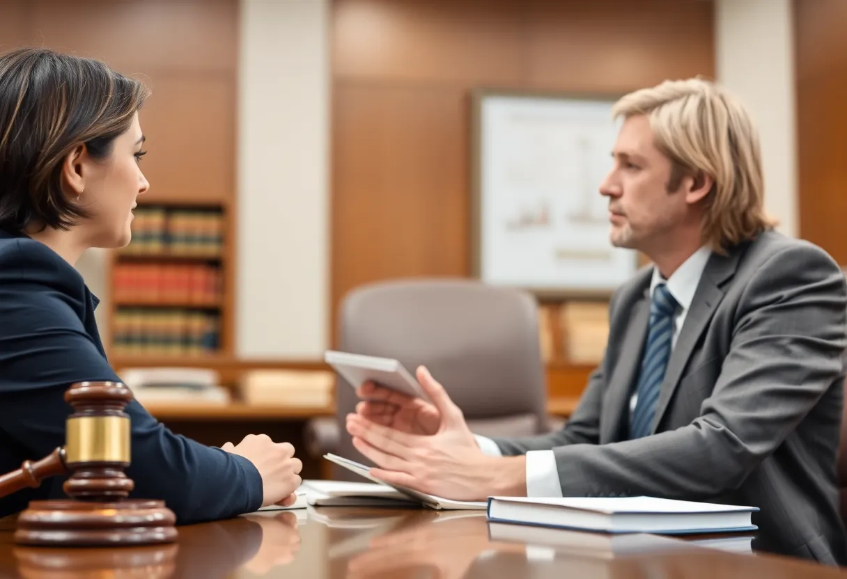 Family law attorney consulting with client in a courtroom