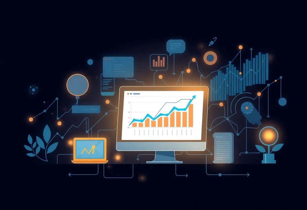 Illustration of financial risk management software growth with technology and financial representations
