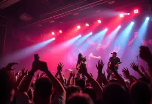 Fire From The Gods performing live on stage with energetic lighting and a cheering crowd.