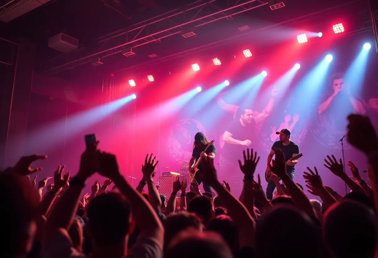 Fire From The Gods performing live on stage with energetic lighting and a cheering crowd.