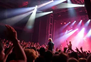 Five Finger Death Punch performing live at a concert.