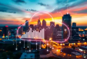 Digital representation of cloud cost management technology with Austin skyline
