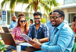 Diverse entrepreneurs collaborating in Florida's sunny landscape