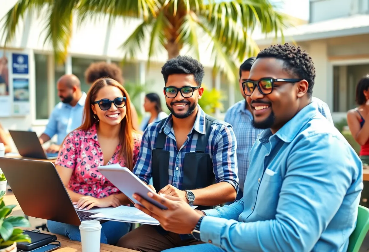 Diverse entrepreneurs collaborating in Florida's sunny landscape
