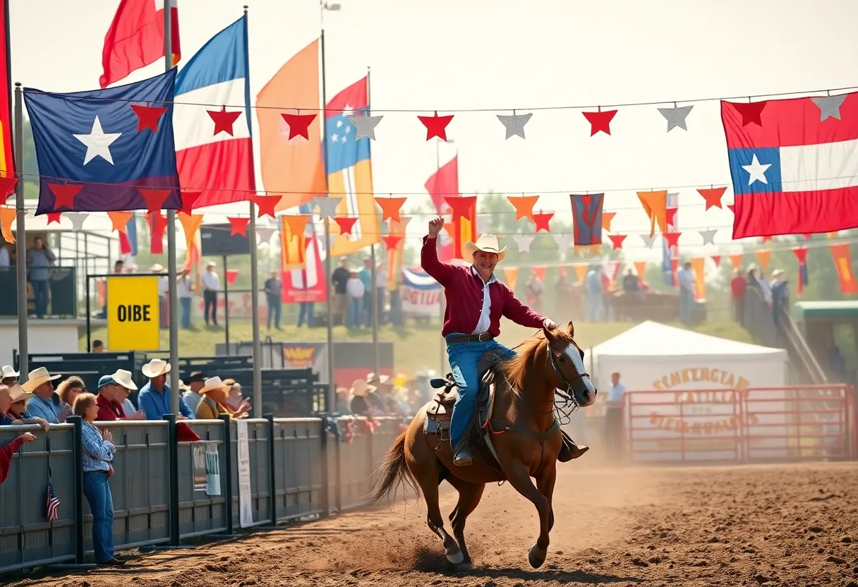 A lively rodeo scene in Fort Worth with colorful banners and performing cowboys.