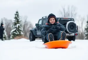 A peaceful winter park with families sledding, representing the joy and potential dangers of winter activities.