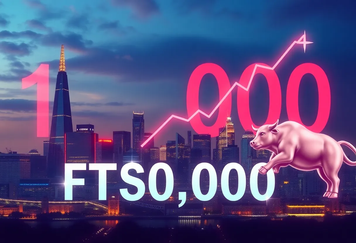 Celebration of the FTSE 100 index surpassing 10,000 points with London skyline.