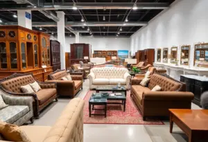 A stylish display of furniture and cabinets in a modern showroom.