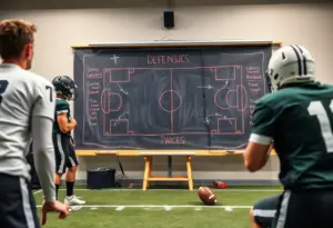 Chalkboard with football defensive strategies and formations