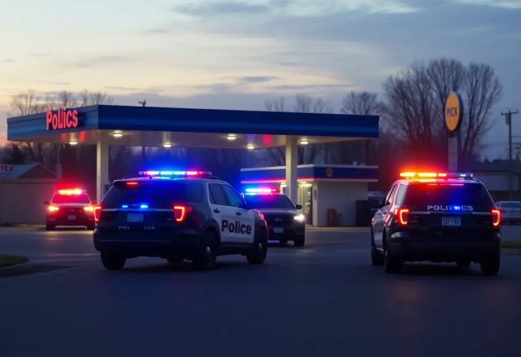 Police vehicles outside a gas station during a standoff