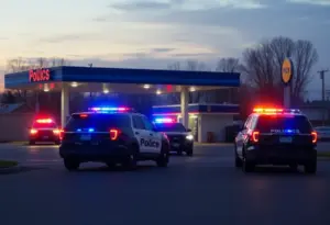 Police vehicles outside a gas station during a standoff