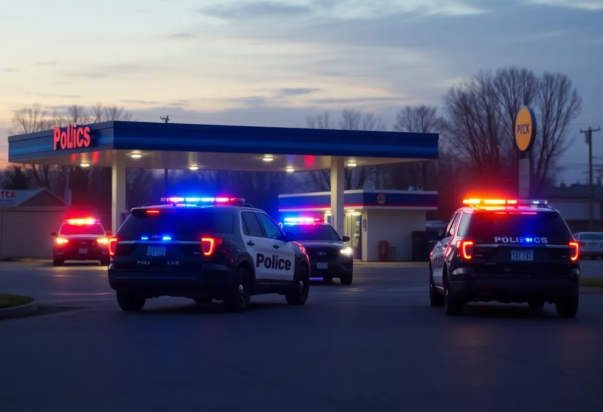 Police vehicles outside a gas station during a standoff
