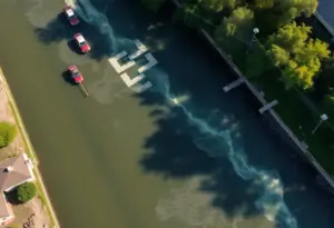 Emergency crews at the San Gabriel River due to sewage spill