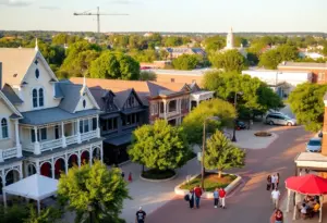 Vibrant downtown scene of Georgetown Texas with Victorian buildings
