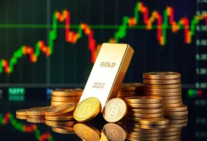 Golden bars and a stock market graph showing fluctuations.