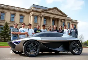 Iron Lions Solar Car Team with their solar-powered vehicle at the Texas State Capitol