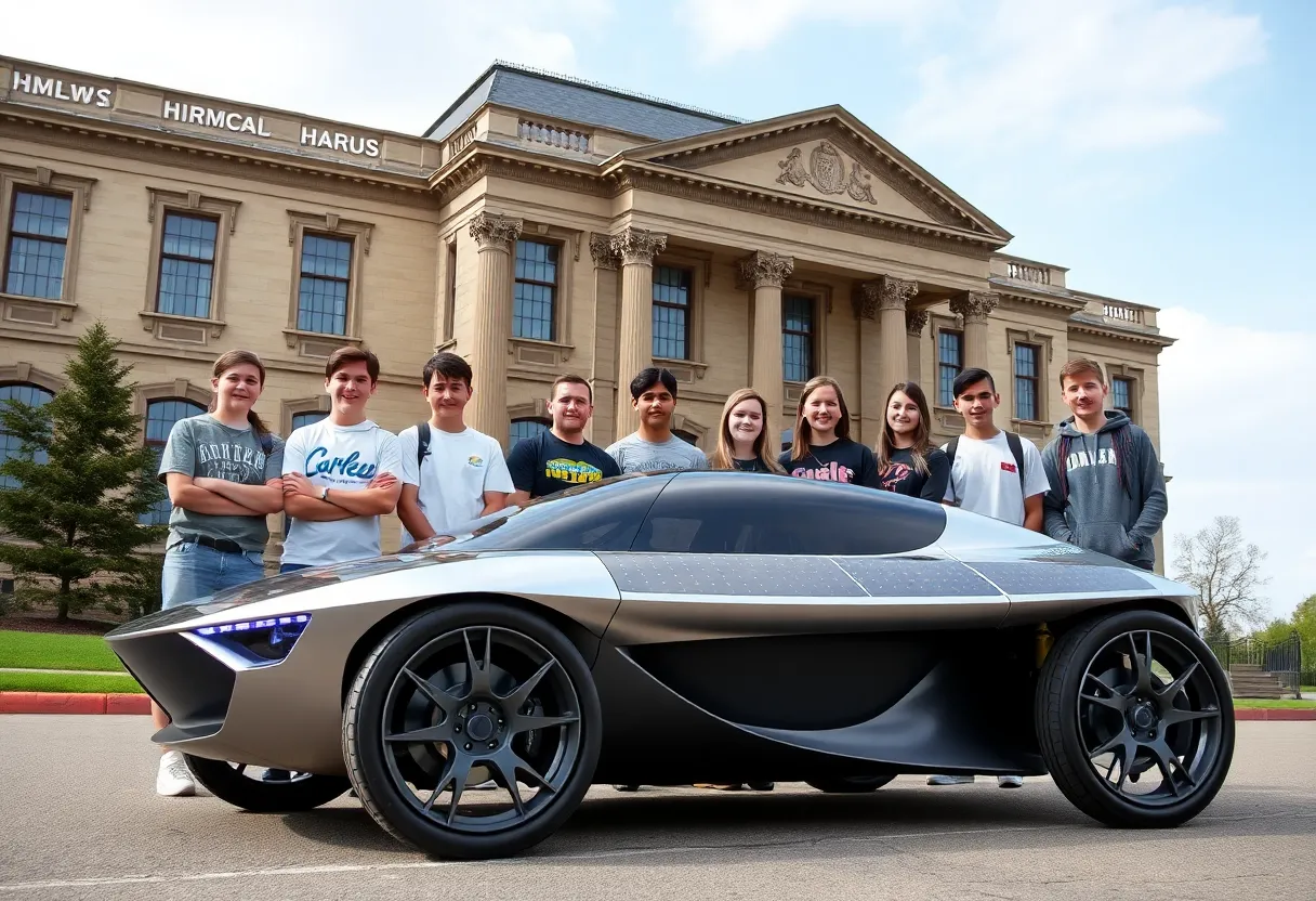 Iron Lions Solar Car Team with their solar-powered vehicle at the Texas State Capitol