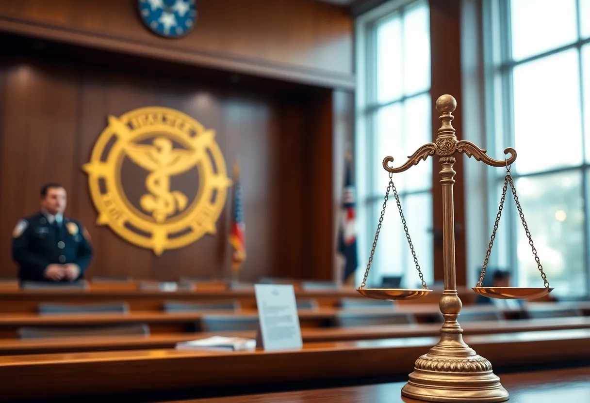 Scene of healthcare fraud enforcement with legal elements.