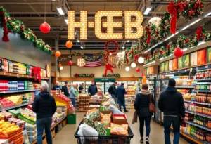 H-E-B grocery store during New Year's with decorated displays and shoppers
