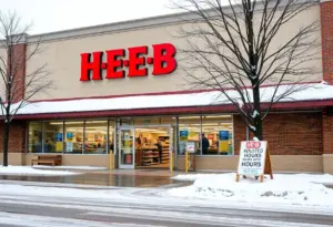 H-E-B store exterior with winter weather conditions