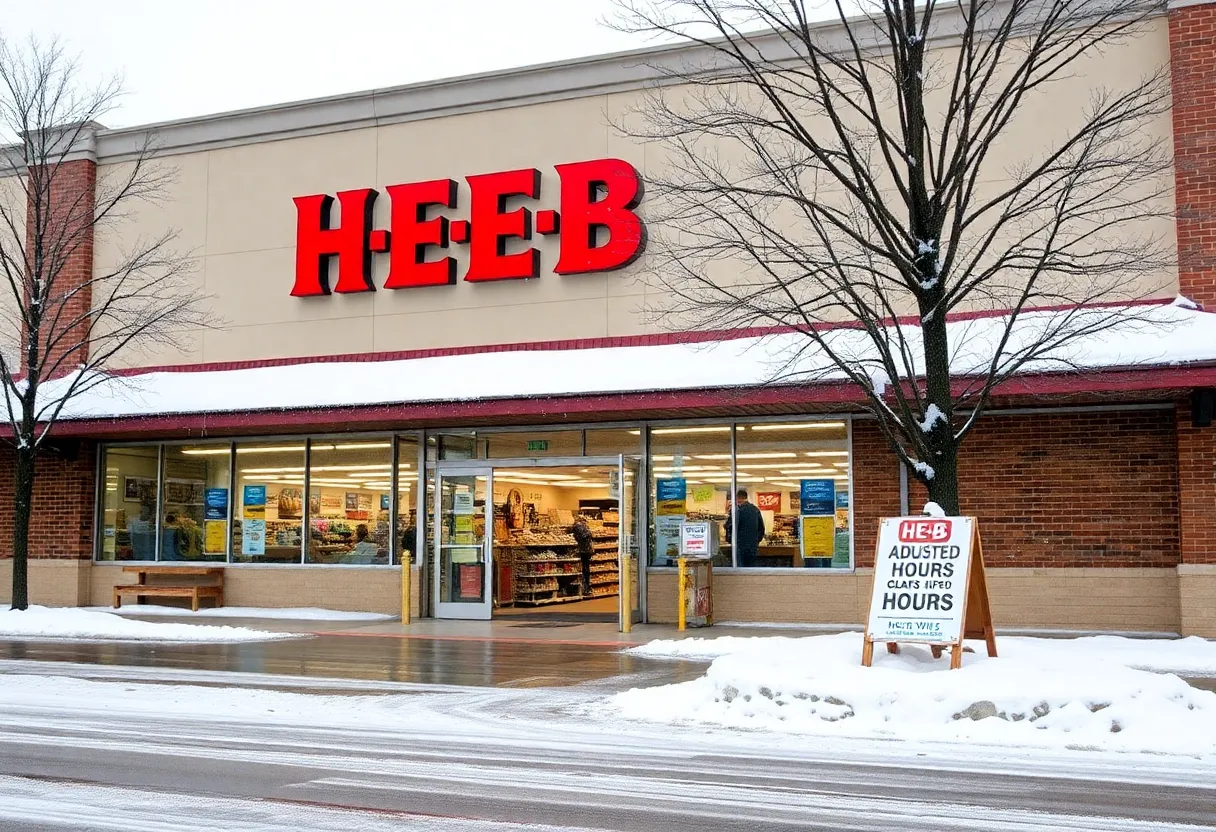 H-E-B store exterior with winter weather conditions