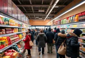 Grocery store filled with shoppers buying supplies for winter weather.