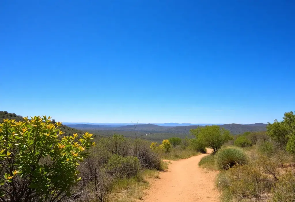 Scenic hiking trail at Government Canyon State Natural Area with clear sky