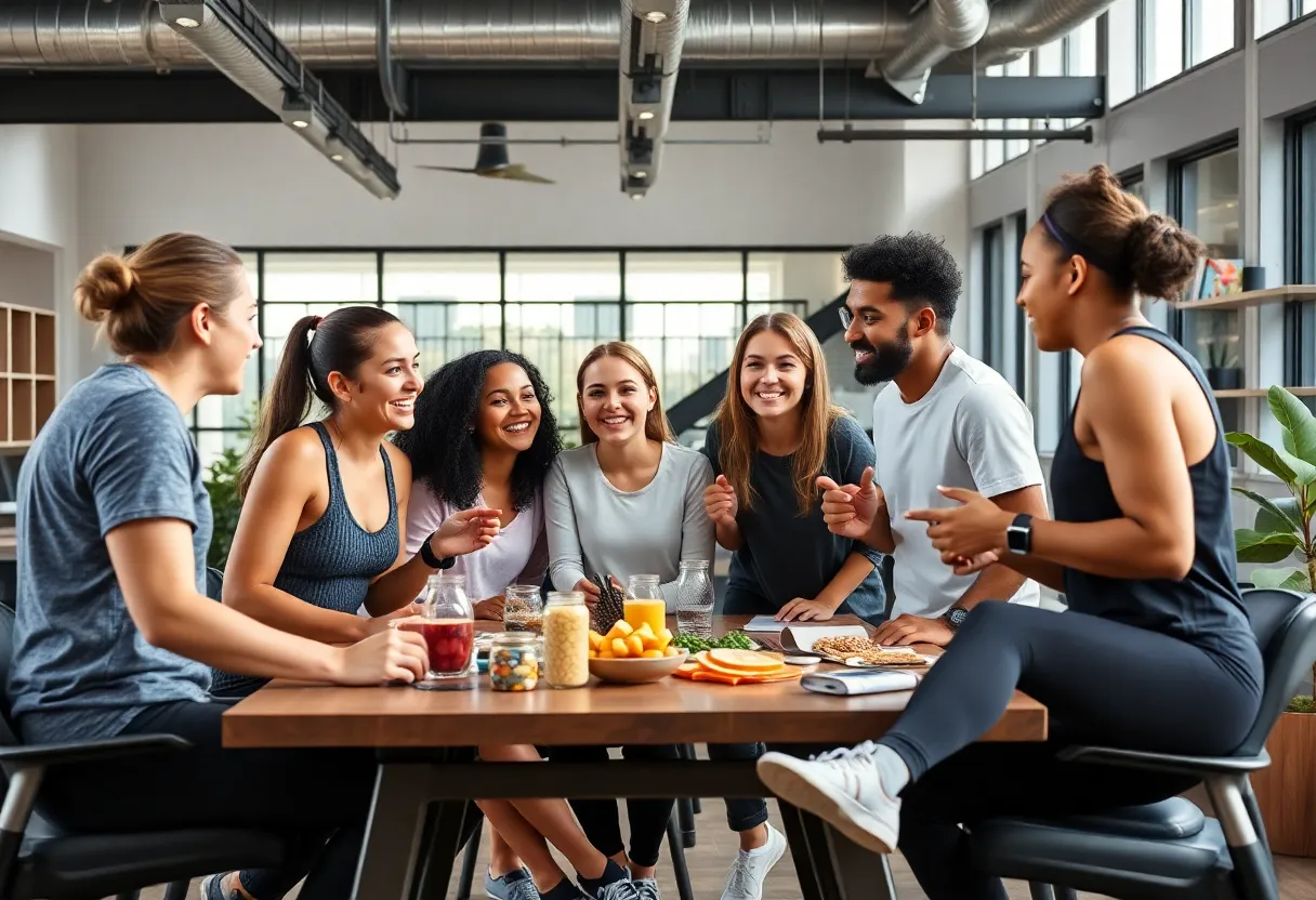 Young entrepreneurs celebrating their product success in a modern workspace.