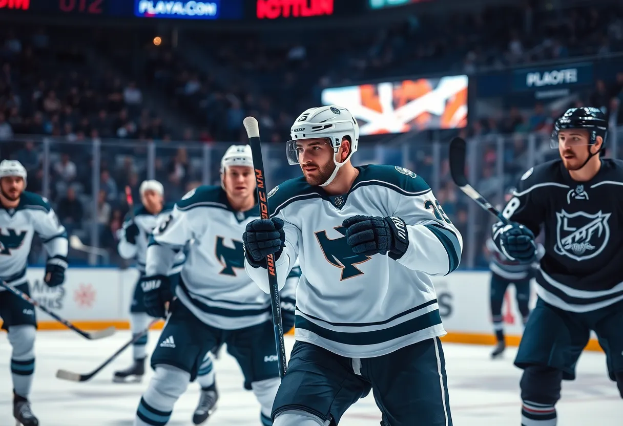Ice hockey players competing in a playoff match