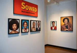 Photographs of Black-owned businesses at the 'Holding Spaces' exhibition in Austin's Central Library