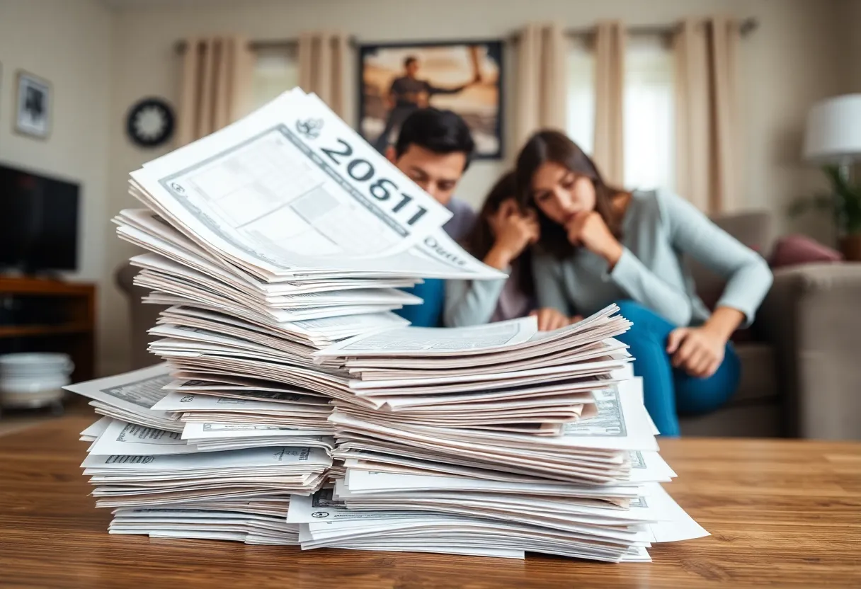 A worried family surrounded by financial documents and bills reflecting household debt concerns.