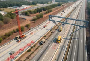Aerial view of I-35 construction site with equipment and workers
