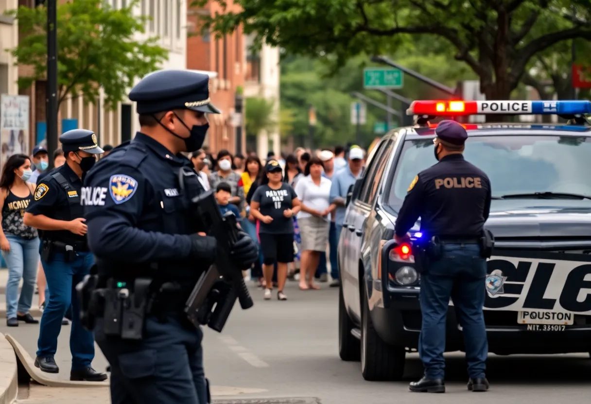 Law enforcement vehicle in a diverse urban community, reflecting immigration enforcement issues.