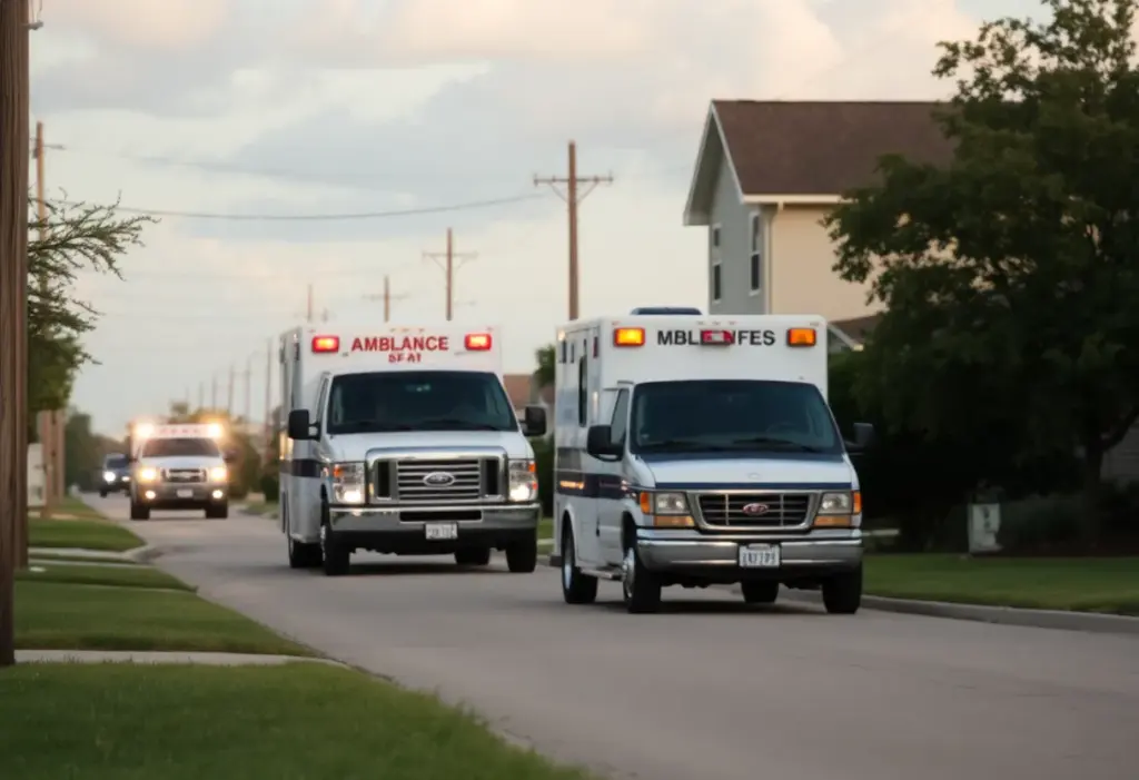 Scene of an ambulance in a Texas neighborhood during ICE detainment incident