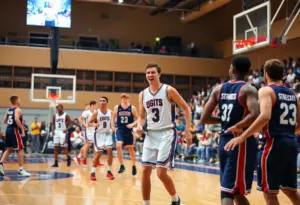 Basketball teams playing on court during a college game with engaged fans