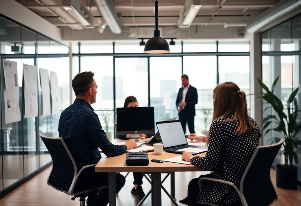 An office environment where professionals are working on press release strategies