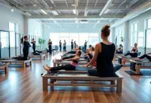 Interior of Integral Pilates studio with participants in a class