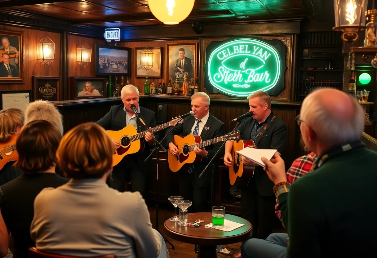 A band performing Irish music in a cozy pub setting