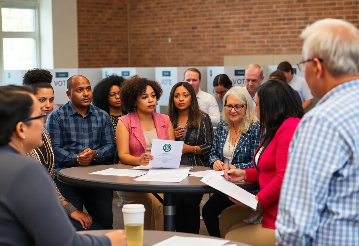 Diverse voters participating in a community meeting about upcoming elections.