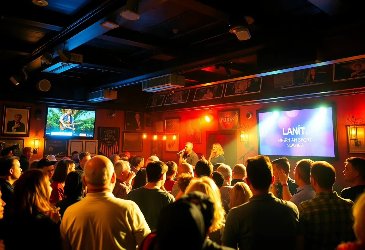 A lively audience enjoying a concert at a pub in Austin
