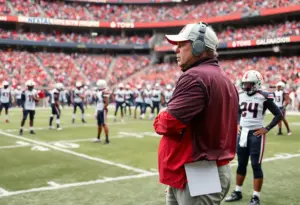 Football coach working with players on the field
