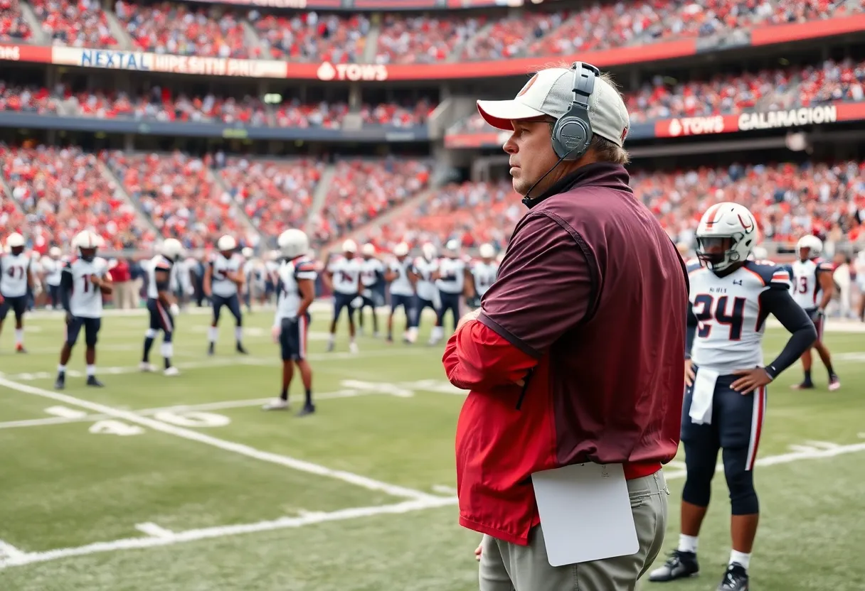 Football coach working with players on the field