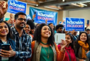 Campaign rally for Joseph Kopser in Texas House District 47, featuring diverse attendees.