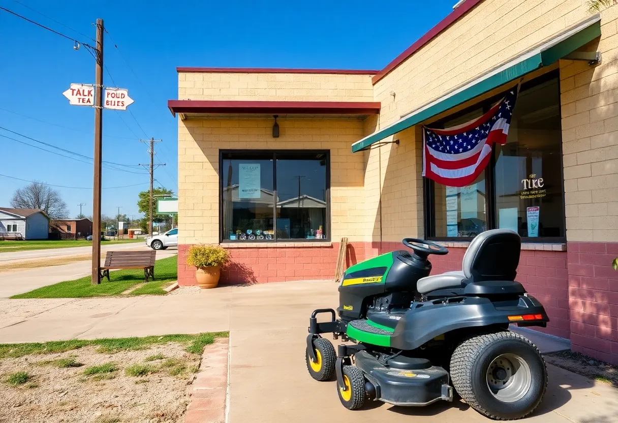 Lawn mower parked outside a local business in Sealy, Texas.