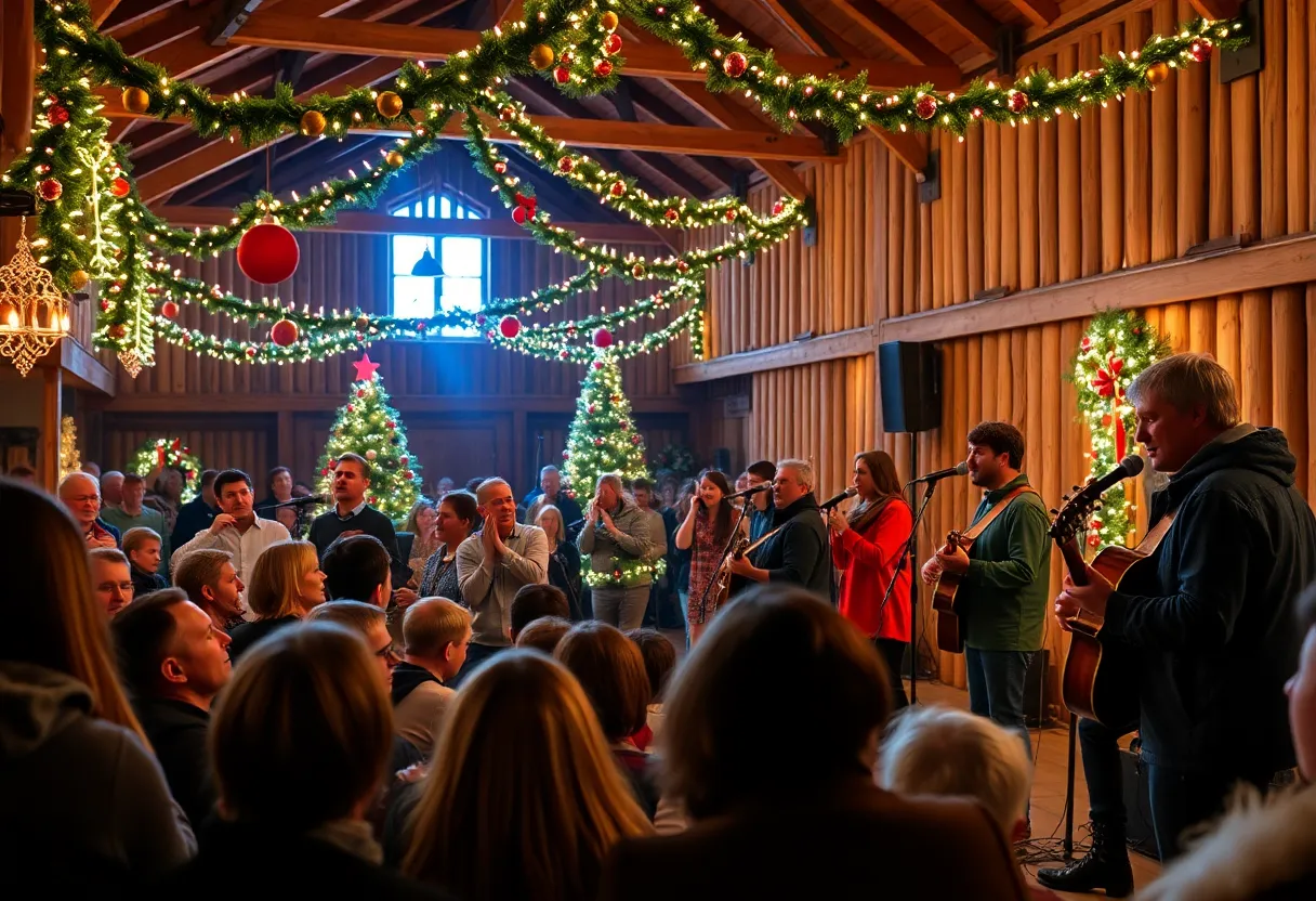 A vibrant Christmas concert scene in Lubbock with musicians performing and an enthusiastic crowd.