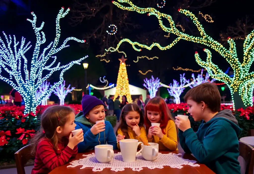 Families enjoying Luminations event with lights and treats at Lady Bird Johnson Wildflower Center