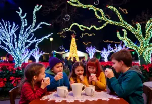 Families enjoying Luminations event with lights and treats at Lady Bird Johnson Wildflower Center