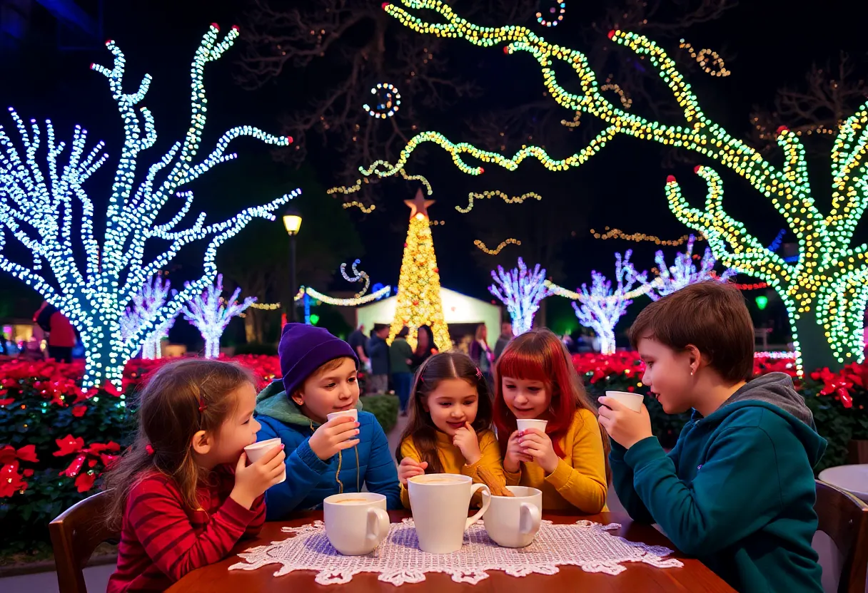 Families enjoying Luminations event with lights and treats at Lady Bird Johnson Wildflower Center