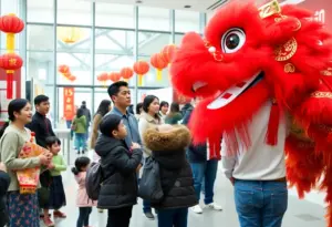 Families enjoying the Lunar New Year celebration at Bullock Museum with colorful decorations.
