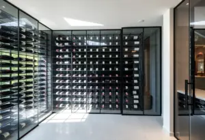 Elegant glass wine cellar in a luxury home setting